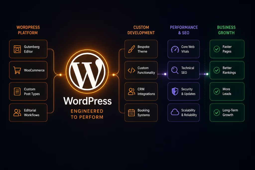 WordPress development infographic showing platform, custom development, performance SEO and business growth